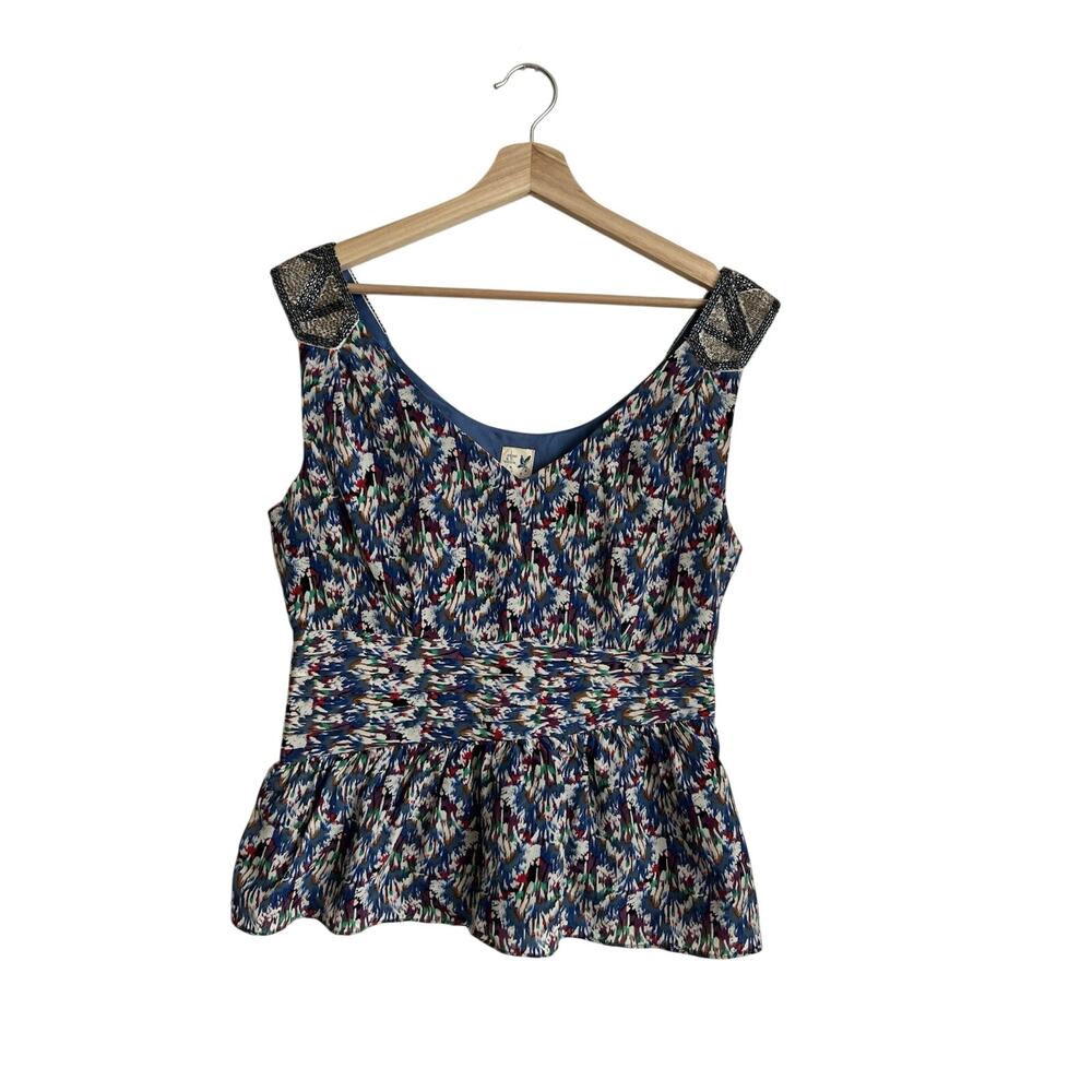 Edme & Esyllte Anthropologie Silk Tank Top Blue Beaded Straps Size 10